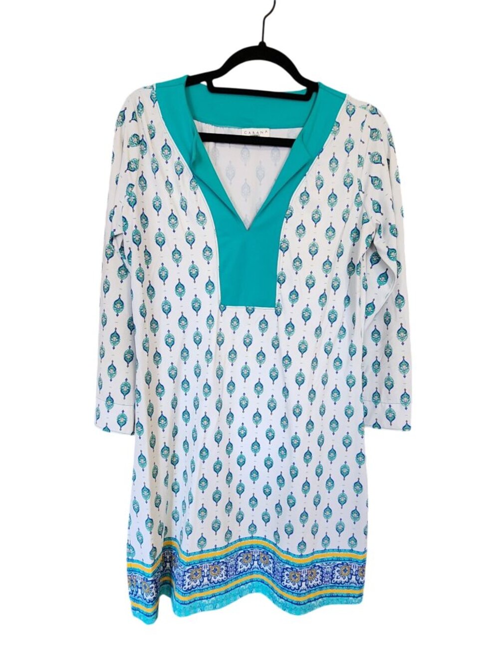 Cabana Life Womens Tunic Dress M White & Turquoise Print 3/4 Sleeve Boho Style U